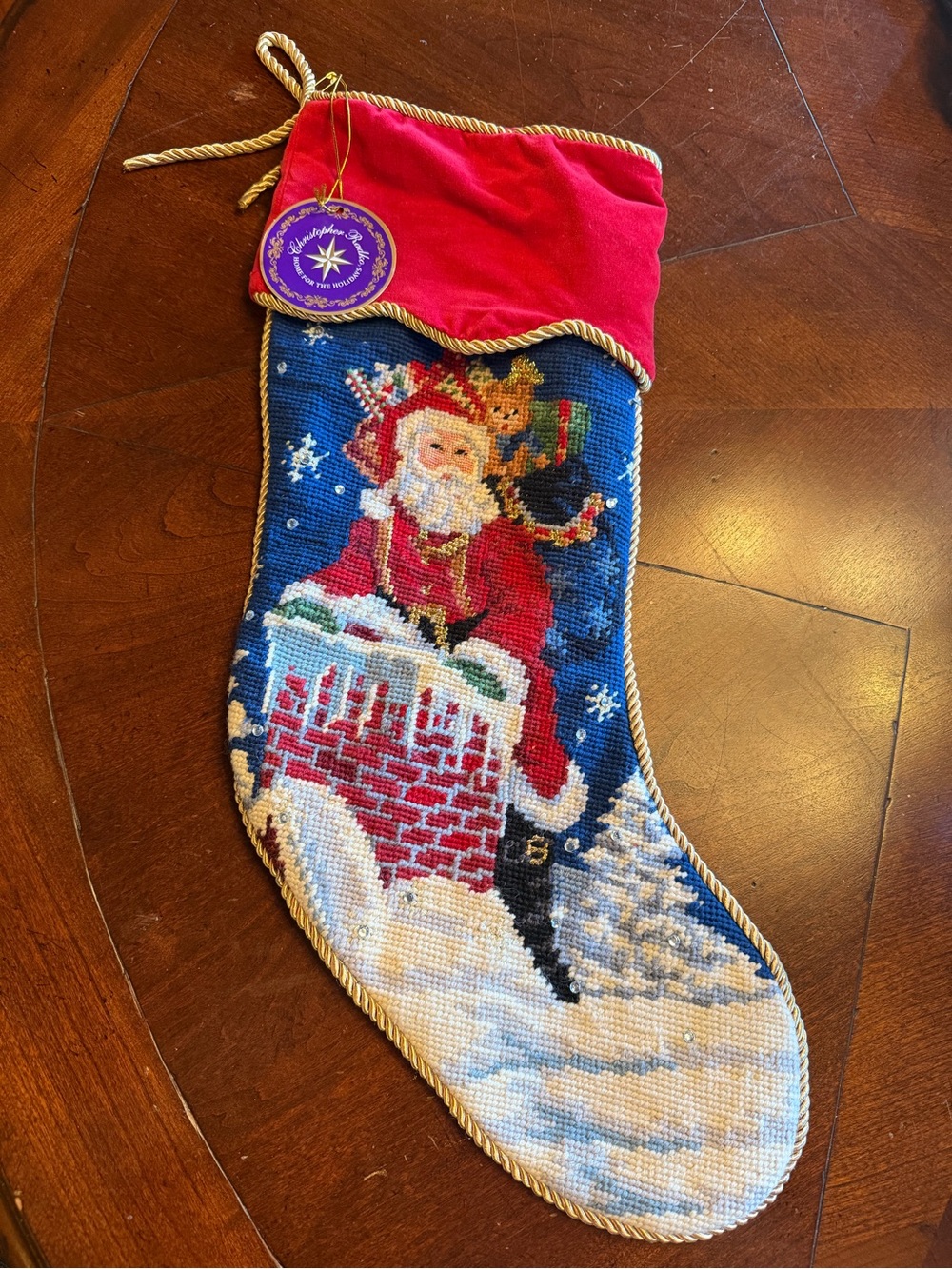 Christopher Radko Needlepoint Santa Christmas Stocking w/ Hanging Loop NWT Red